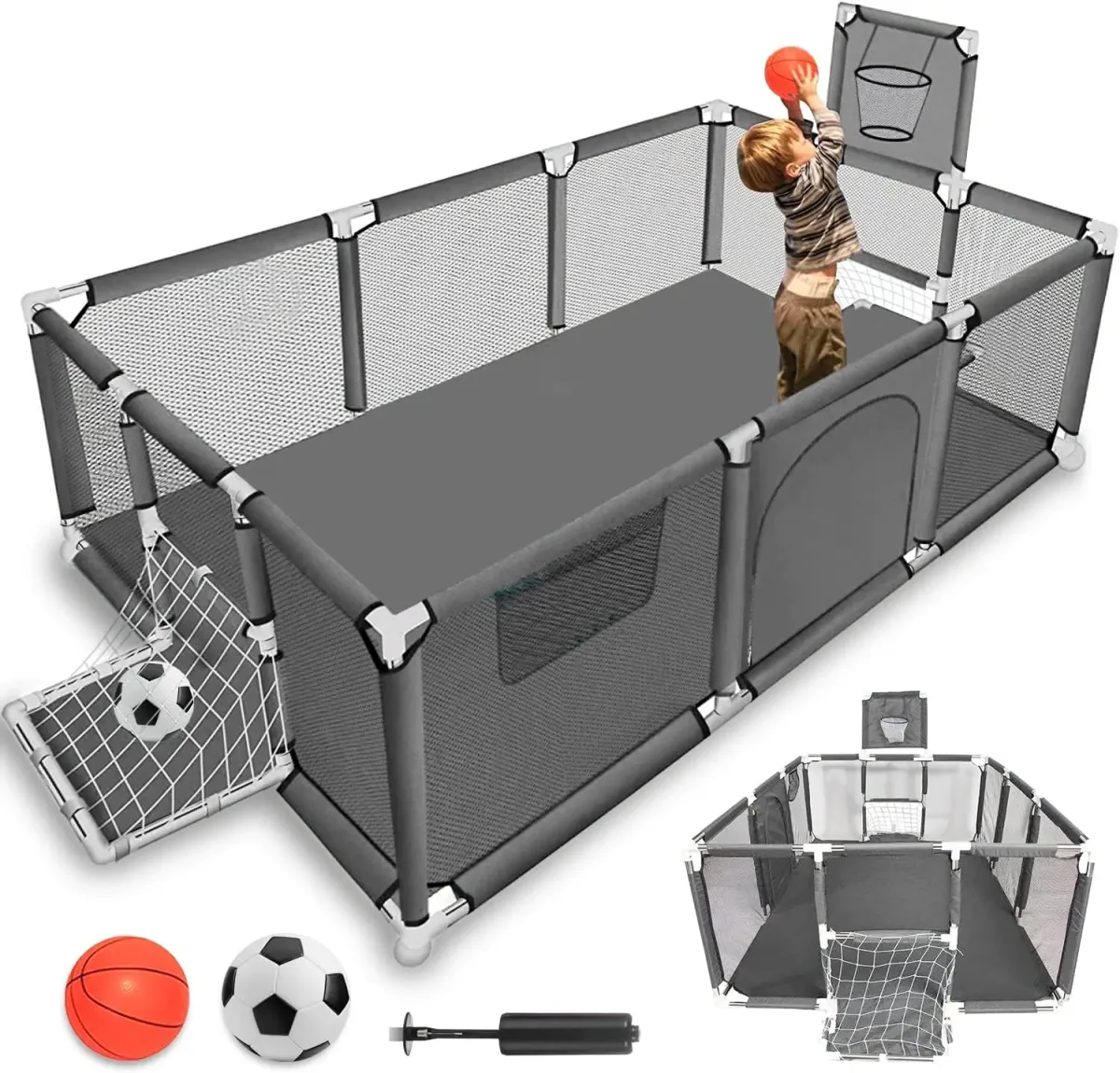 Parc pour bébé pliable gris à maille